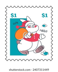 Rabbit personage wearing santa claus clothes carrying presents for xmas and new year. Happy holidays, cute bunny with smile. Postal card or mark with price, mailing express. Vector in flat styles