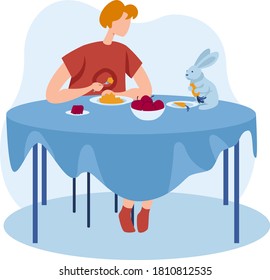 Rabbit pet at people girl home, vector illustration. Young woman character have dinner, cute animal at table. Happy house lifestyle design, bunny relax in graphic family, care about animal.