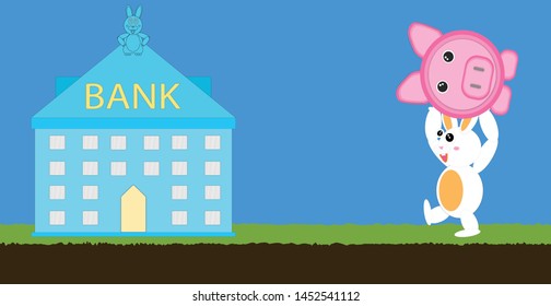 Rabbit And Piggy Bank Go To Bank Paper Cut Style