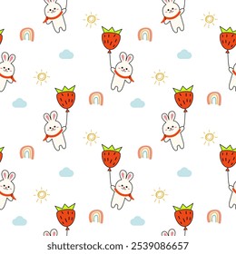 Rabbit play balloon strawberry cartoon so cute. On rainbow sun cloud white background. Pattern seamless vector illustration. 
