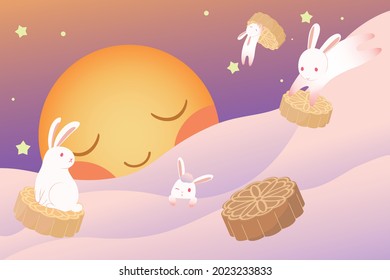 Rabbit play on the sky with moon cake. The sleeping smiling moon in the purple-yellow gradient sky.