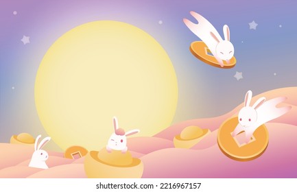 Rabbit play on the sky with pink could.Full moon against gradient sky.