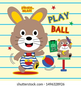 the rabbit is playing ball with his friend,cartoon vector illustration