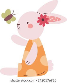 Conejo Jugando Con Ilustración De Vector De Mariposa