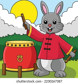 Rabbit Playing Drums Colored Cartoon Illustration