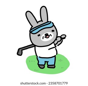 Rabbit playing golf on the lawn.
