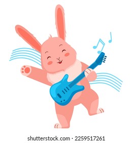 Rabbit playing guitar. Cute cartoon character. Design of funny animals sticker for showing emotion. Vector illustration