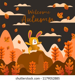 Rabbit Playing Happy With Leafs And Mountain Background For Autumn Season