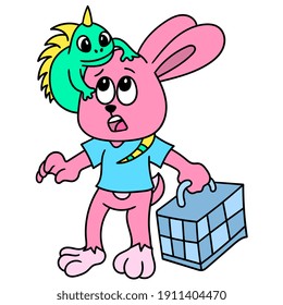 A rabbit playing with her pet chameleon, kawaii doodle drawing. vector illustration art