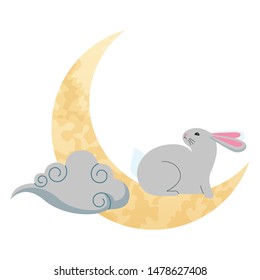 Rabbit playing on moon with cloud cartoon ,vector illustration graphic design.