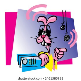 The rabbit podcast. Rabbit as the host of a popular radio show. Pink rabbit with headphones and microphone. Vector image for prints, poster and illustrations.