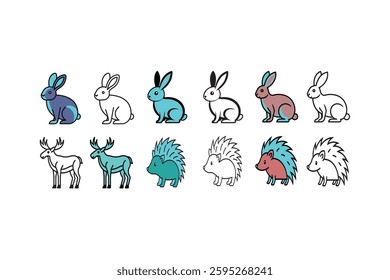 rabbit, porcupine, moose line art animal set vector image