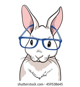 Rabbit portrait with blue glasses isolated