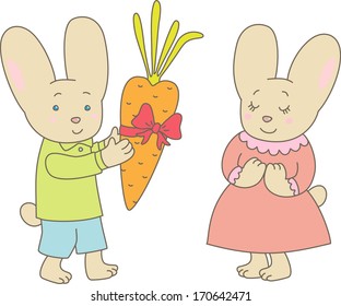 Rabbit presents his girlfriend a carrot for Valentine's day