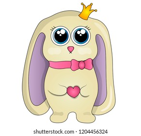 The rabbit is a princess in a crown, with a bow around her neck and a heart in her hands.