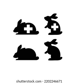 Rabbit Profile Silhouette Veterinary Clinic Logo With Medical Cross Vector Icon Set.