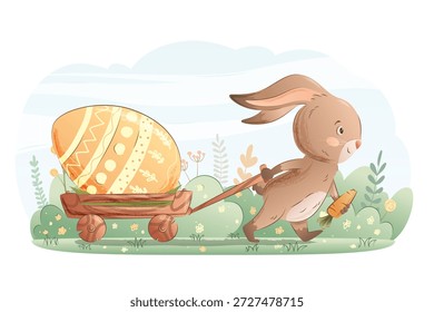 Ein Kaninchen zieht einen Karren mit einem Ei. Nette Ostergrafik. Vektor.
