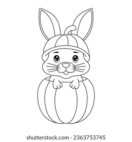 A rabbit in the pumpkin coloring book. Coloring page. Black and white vector illustration. Happy Halloween