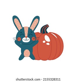 Rabbit with pumpkin. Cute vetor flat animal character, isolated on white background.