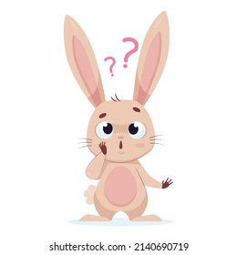 Rabbit with question marks above it cartoon vector illustration. Excited fluffy rodent standing with open mouth, thinking, looking for solution. Wildlife animal concept