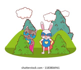 rabbit and raccoon with costume cape and mask