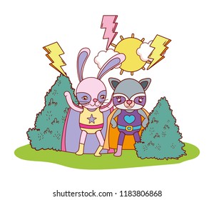 rabbit and raccoon friends wearing costumes in the landscape