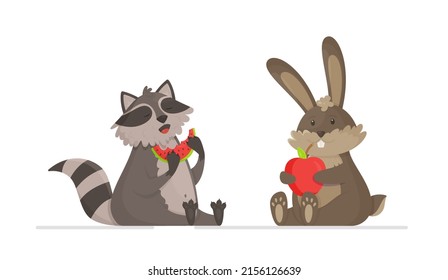 A rabbit and a raccoon having lunch with an apple and a watermelon.