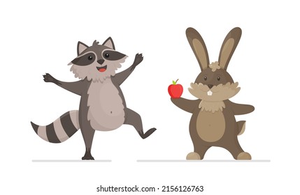 Rabbit and raccoon isolated on white background. 