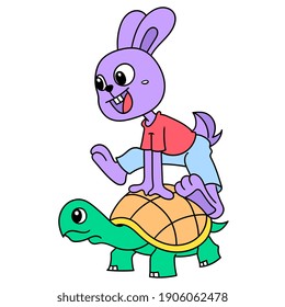 Rabbit racing between friends and turtles, doodle draw kawaii. vector illustration art