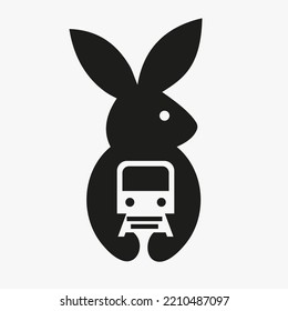 Rabbit Railway Logo Negative Space Concept Vector Template. Rabbit Holding Train Symbol