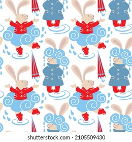 Rabbit in the rain. Fantasy print  for baby products. Seamless pattern. Vector.