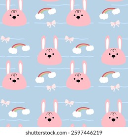 Rabbit, rainbow, bow on blue background, fabric pattern, gift wrapping paper, seamless pattern