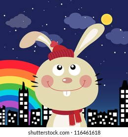 Rabbit and rainbow in the city at night