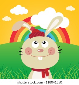 Rabbit with rainbow in the forest