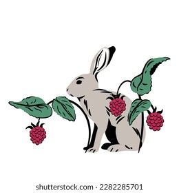Rabbit and raspberry bush. Hare and red berries. Forest botanical composition.