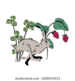 Rabbit, raspberry and clover. Hare, red berries and four-leaf clover. Forest botanical composition.