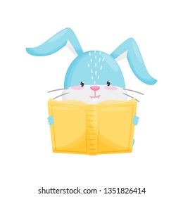 Rabbit reading book on white background. Vector illustration.