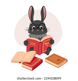 Rabbit reading book. Smart bunny in glasses, cartoon character. Cute animal surrounded by stack of books. Vector flat illustration.