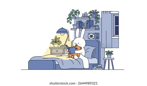 Rabbit Reading A Book to a Teddy Bear in Bed at Nighttime