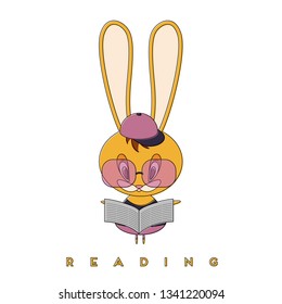 Rabbit reading a newspaper. The Easter Bunny is getting better in the spring and is studying the news. Vector illustration.