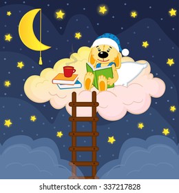 rabbit reads a book in the clouds at night - vector illustration, eps