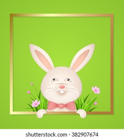 Rabbit with a red bow on a green background. Easter card. Vector illustration.