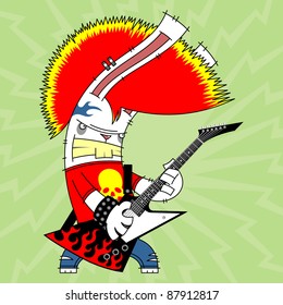 rabbit with a red mohawk playing the electric guitar on green background