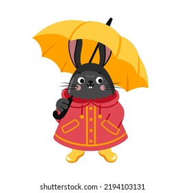 Rabbit in red raincoat holding yellow umbrella. Bunny cartoon character. Flat vector illustration.