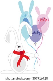 Rabbit in a red scarf holding balloons with New Year greetings