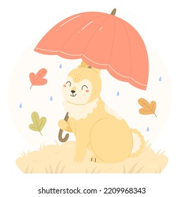 A rabbit with a red umbrella in the rain in a flat cartoon style. Vector autumn children's illustration with a bunny.
