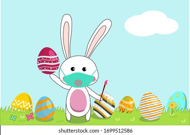 Сute rabbit in a respirator paints an egg during quarantine of Coronavirus Covid-19. A bunny in a medical mask is self-isolating and paints an egg. Vector flat illustration. Stay home. Stay safe.

