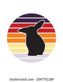Plantilla de diseño de atardecer retro de conejo. Plantilla de diseño de vectores para logotipo, insignias, camisetas, POD y portada de libros. Fondo blanco aislado.