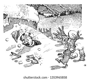 Rabbit Revenge this scene shows rabbits throwing snowballs at a man trapped in the snow vintage line drawing or engraving illustration