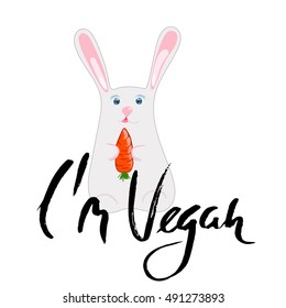 Rabbit with ribbon and carrot. I am vegan lettering. Vector illustration